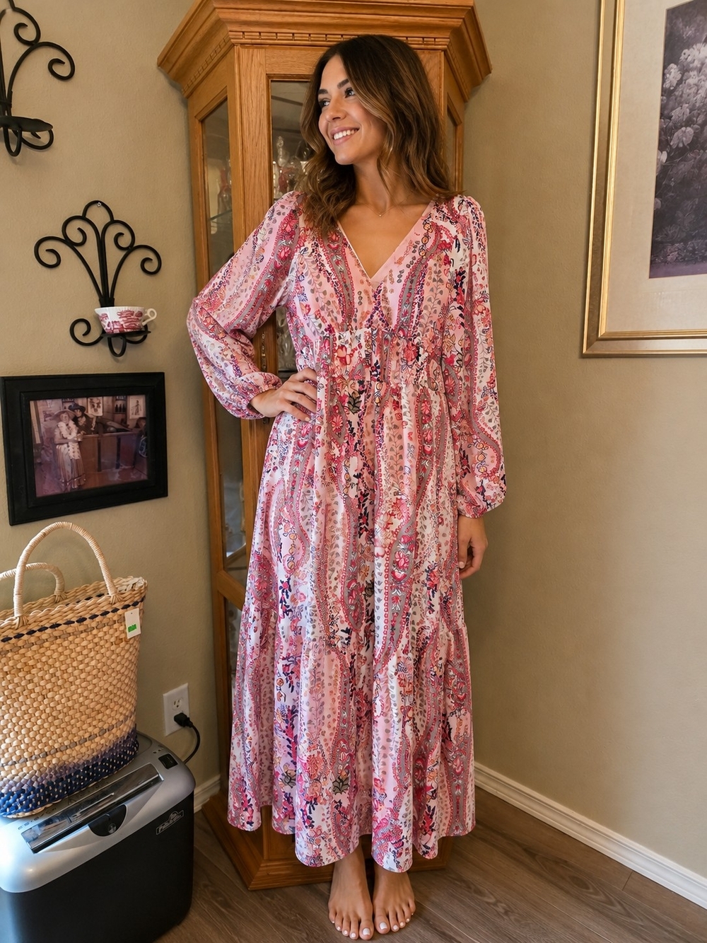 Verity Boho Maxi Dress Pink Paisley Size M Long Sleeve Smocked Waist
